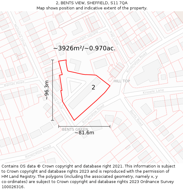 2, BENTS VIEW, SHEFFIELD, S11 7QA: Plot and title map