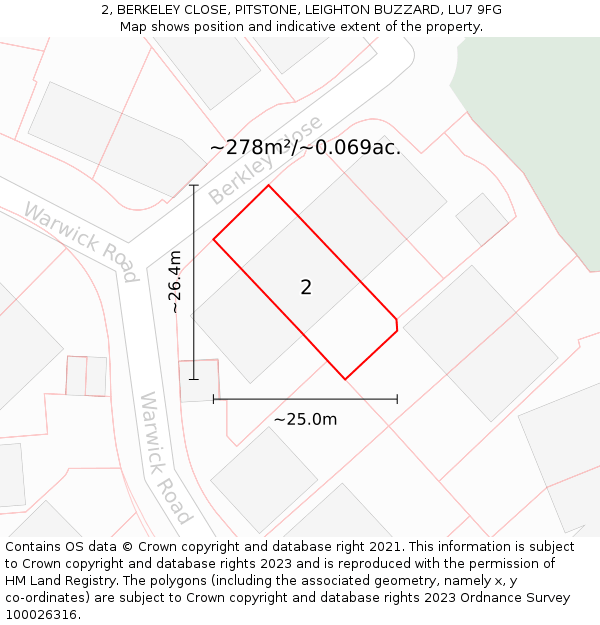 2, BERKELEY CLOSE, PITSTONE, LEIGHTON BUZZARD, LU7 9FG: Plot and title map