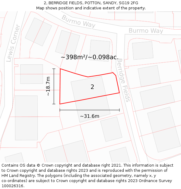 2, BERRIDGE FIELDS, POTTON, SANDY, SG19 2FG: Plot and title map