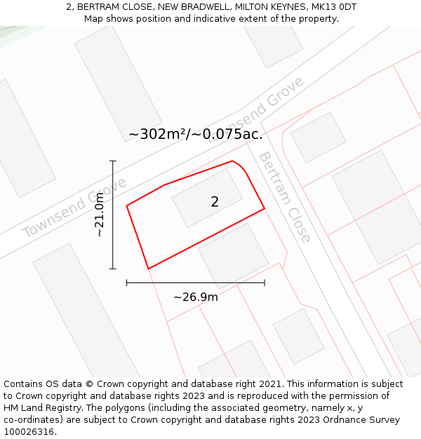 2, BERTRAM CLOSE, NEW BRADWELL, MILTON KEYNES, MK13 0DT: Plot and title map