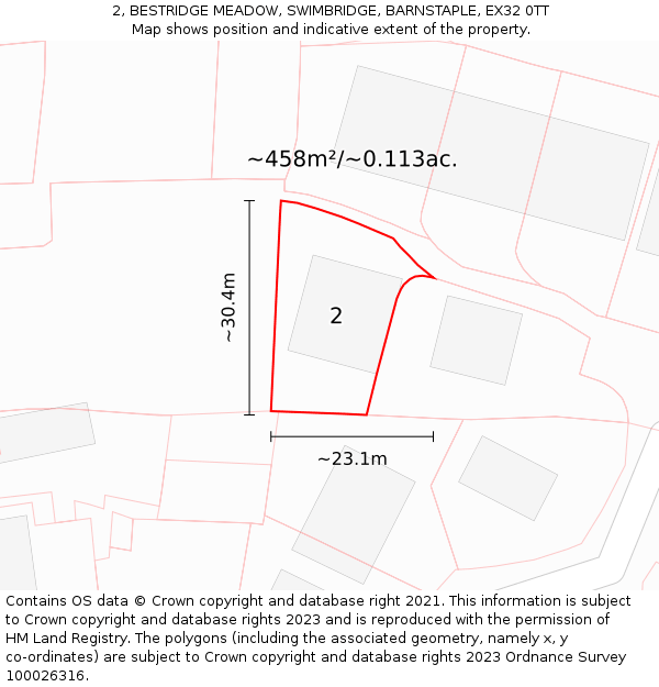2, BESTRIDGE MEADOW, SWIMBRIDGE, BARNSTAPLE, EX32 0TT: Plot and title map