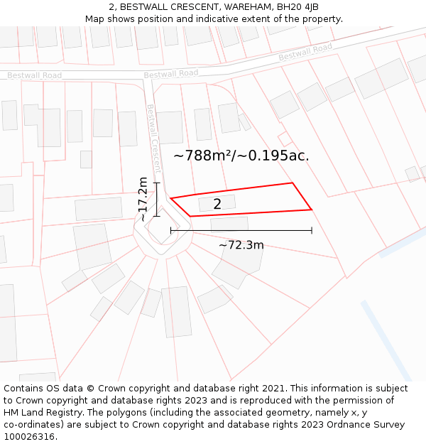 2, BESTWALL CRESCENT, WAREHAM, BH20 4JB: Plot and title map