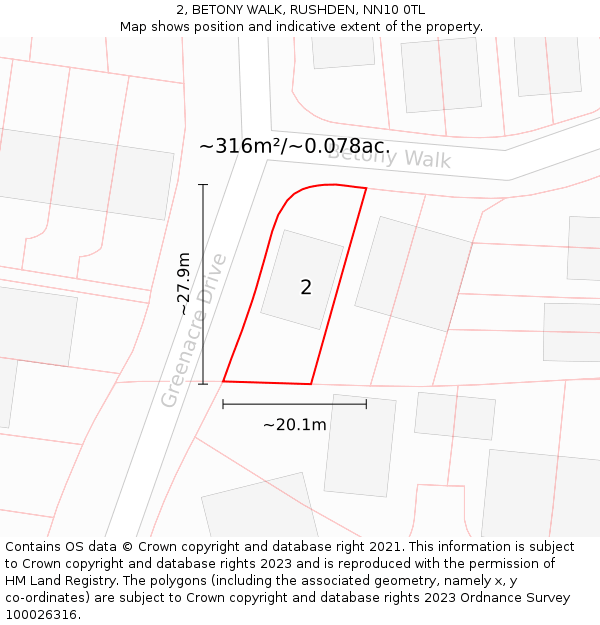 2, BETONY WALK, RUSHDEN, NN10 0TL: Plot and title map
