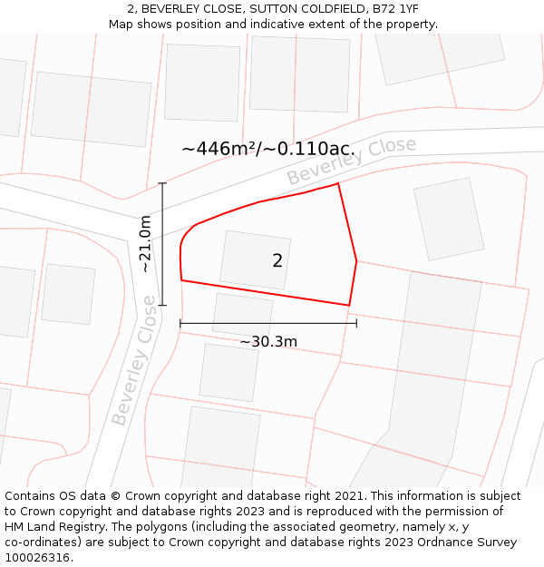 2, BEVERLEY CLOSE, SUTTON COLDFIELD, B72 1YF: Plot and title map