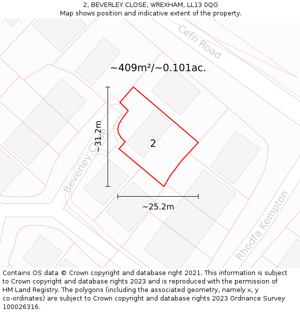 2, BEVERLEY CLOSE, WREXHAM, LL13 0QG: Plot and title map