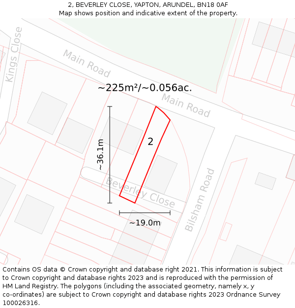 2, BEVERLEY CLOSE, YAPTON, ARUNDEL, BN18 0AF: Plot and title map