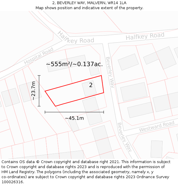 2, BEVERLEY WAY, MALVERN, WR14 1LA: Plot and title map