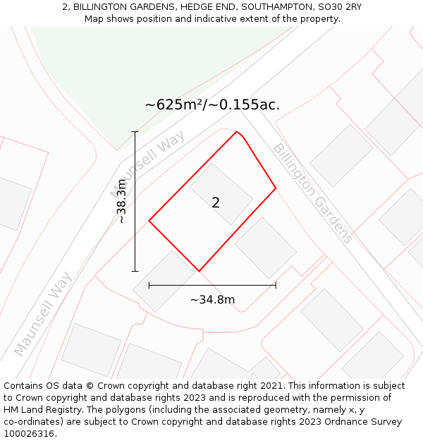 2, BILLINGTON GARDENS, HEDGE END, SOUTHAMPTON, SO30 2RY: Plot and title map