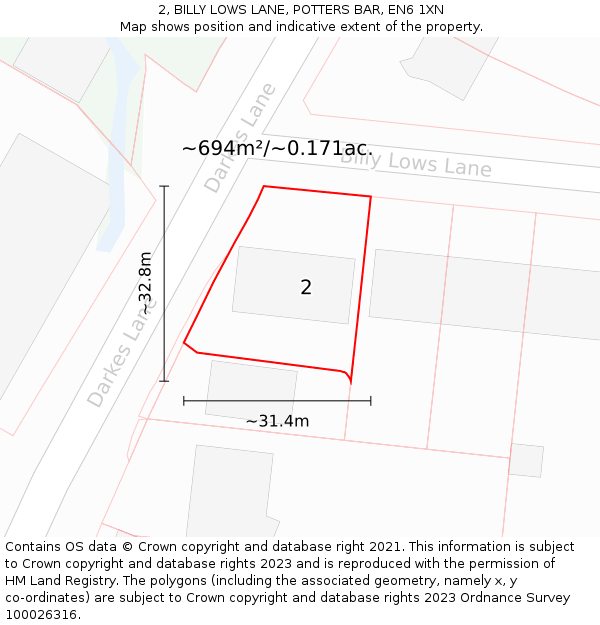 2, BILLY LOWS LANE, POTTERS BAR, EN6 1XN: Plot and title map
