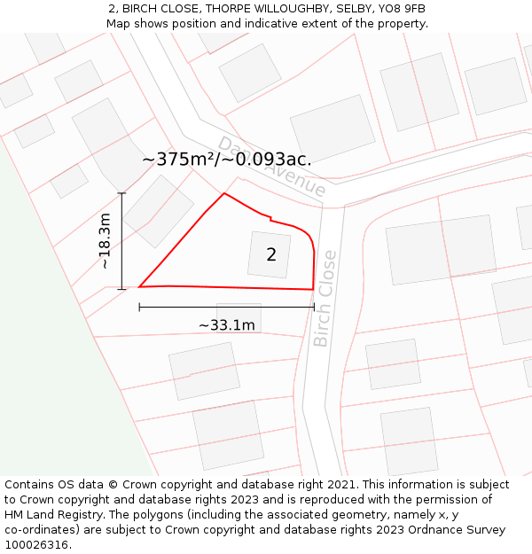 2, BIRCH CLOSE, THORPE WILLOUGHBY, SELBY, YO8 9FB: Plot and title map
