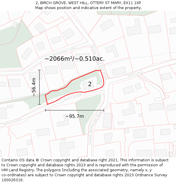 2, BIRCH GROVE, WEST HILL, OTTERY ST MARY, EX11 1XP: Plot and title map