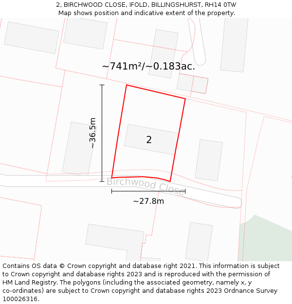 2, BIRCHWOOD CLOSE, IFOLD, BILLINGSHURST, RH14 0TW: Plot and title map