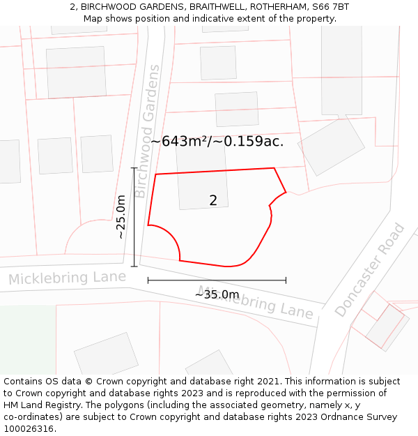 2, BIRCHWOOD GARDENS, BRAITHWELL, ROTHERHAM, S66 7BT: Plot and title map