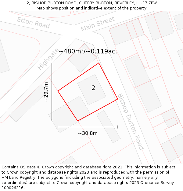 2, BISHOP BURTON ROAD, CHERRY BURTON, BEVERLEY, HU17 7RW: Plot and title map