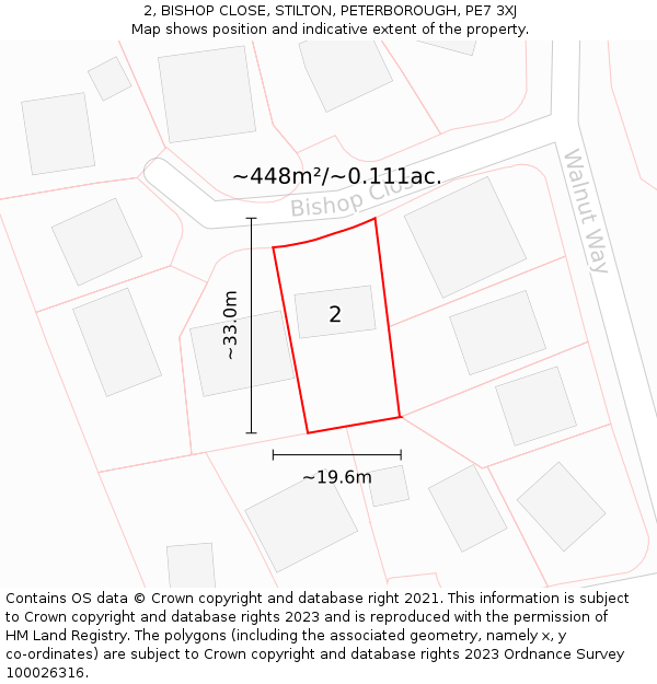 2, BISHOP CLOSE, STILTON, PETERBOROUGH, PE7 3XJ: Plot and title map