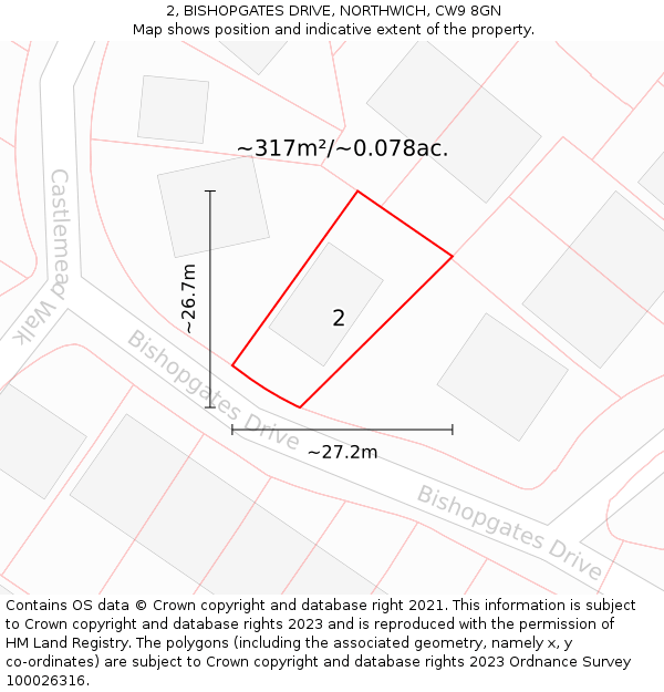2, BISHOPGATES DRIVE, NORTHWICH, CW9 8GN: Plot and title map