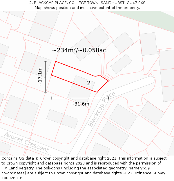 2, BLACKCAP PLACE, COLLEGE TOWN, SANDHURST, GU47 0XS: Plot and title map