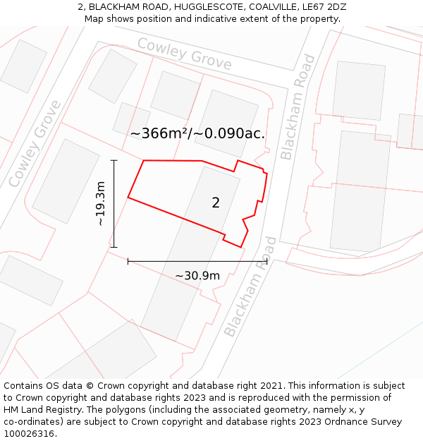 2, BLACKHAM ROAD, HUGGLESCOTE, COALVILLE, LE67 2DZ: Plot and title map