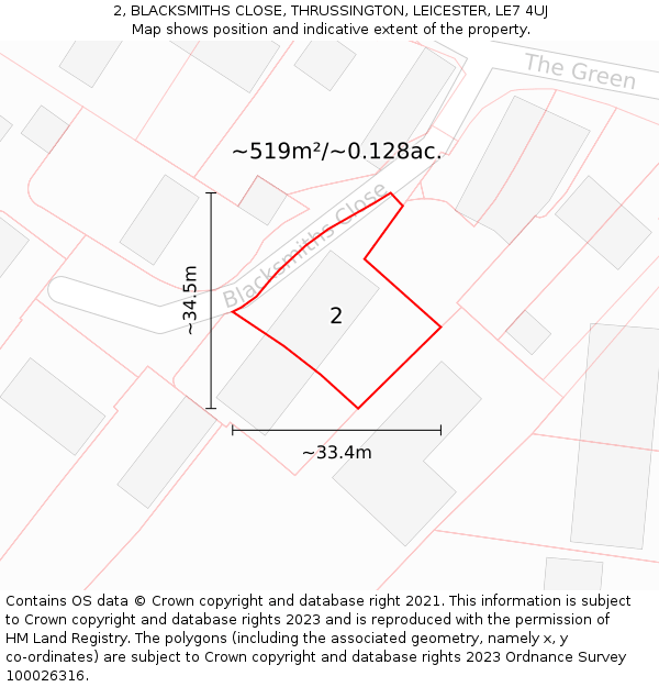 2, BLACKSMITHS CLOSE, THRUSSINGTON, LEICESTER, LE7 4UJ: Plot and title map