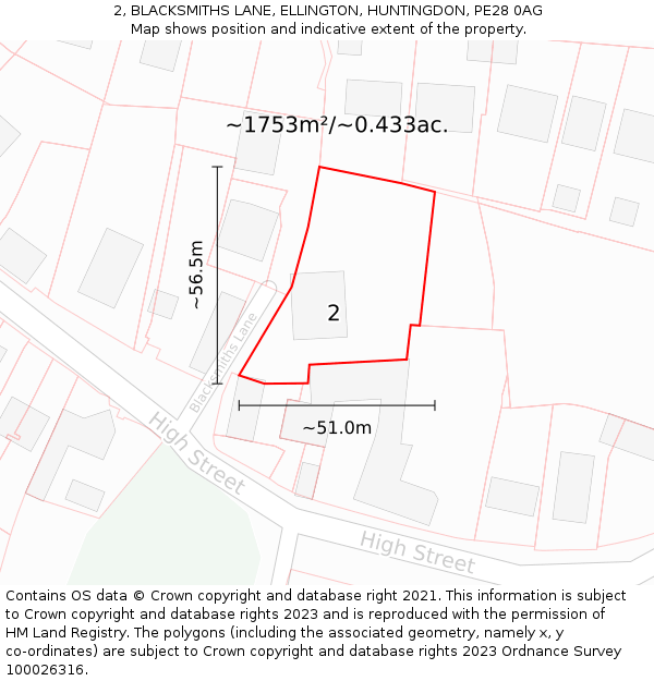 2, BLACKSMITHS LANE, ELLINGTON, HUNTINGDON, PE28 0AG: Plot and title map