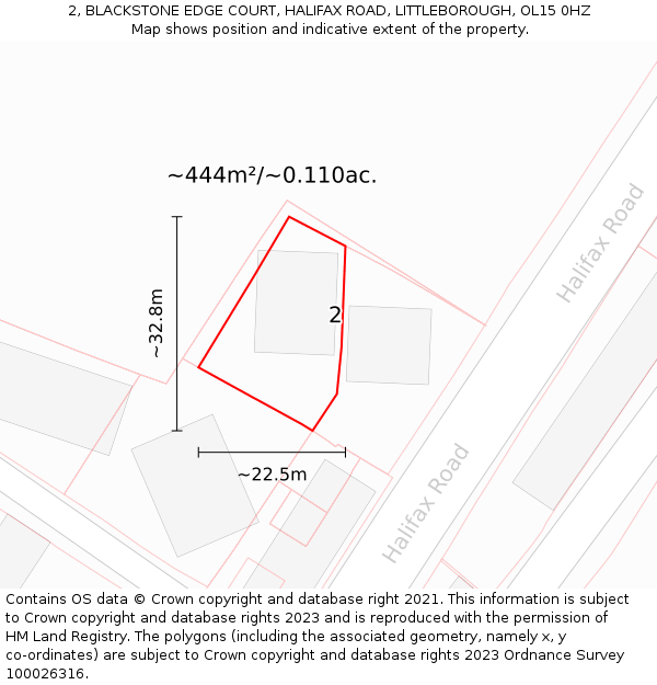 2, BLACKSTONE EDGE COURT, HALIFAX ROAD, LITTLEBOROUGH, OL15 0HZ: Plot and title map