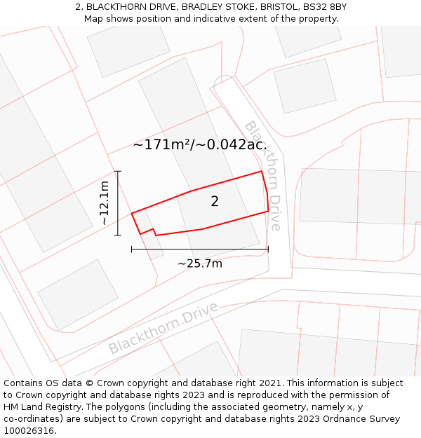 2, BLACKTHORN DRIVE, BRADLEY STOKE, BRISTOL, BS32 8BY: Plot and title map