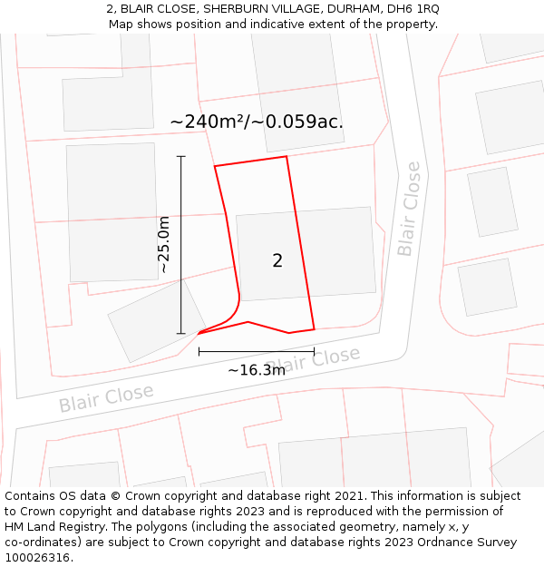 2, BLAIR CLOSE, SHERBURN VILLAGE, DURHAM, DH6 1RQ: Plot and title map