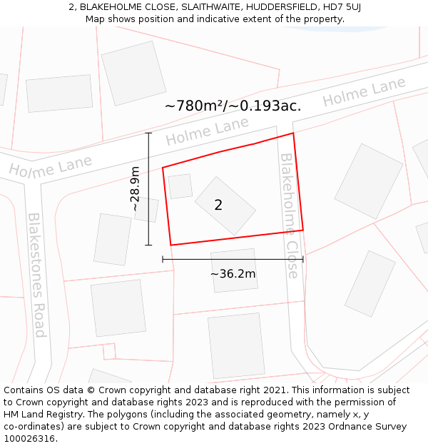 2, BLAKEHOLME CLOSE, SLAITHWAITE, HUDDERSFIELD, HD7 5UJ: Plot and title map