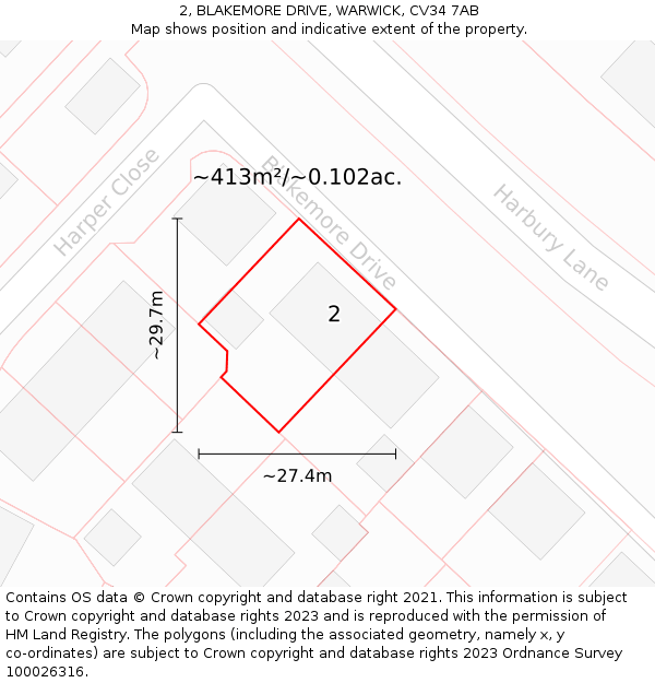 2, BLAKEMORE DRIVE, WARWICK, CV34 7AB: Plot and title map