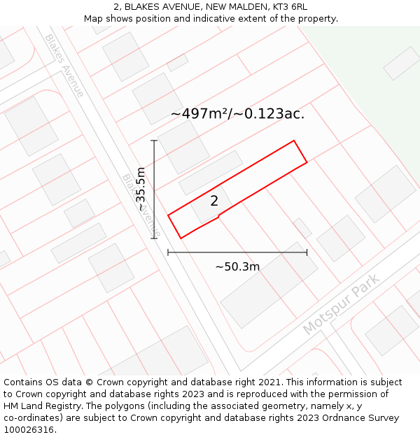 2, BLAKES AVENUE, NEW MALDEN, KT3 6RL: Plot and title map