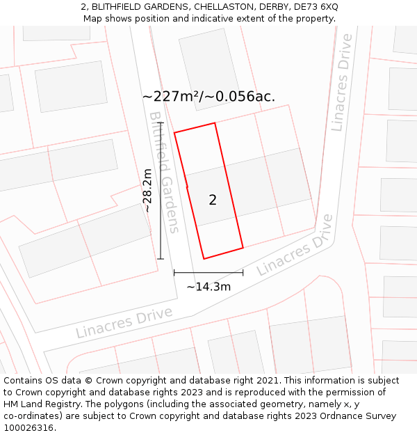 2, BLITHFIELD GARDENS, CHELLASTON, DERBY, DE73 6XQ: Plot and title map