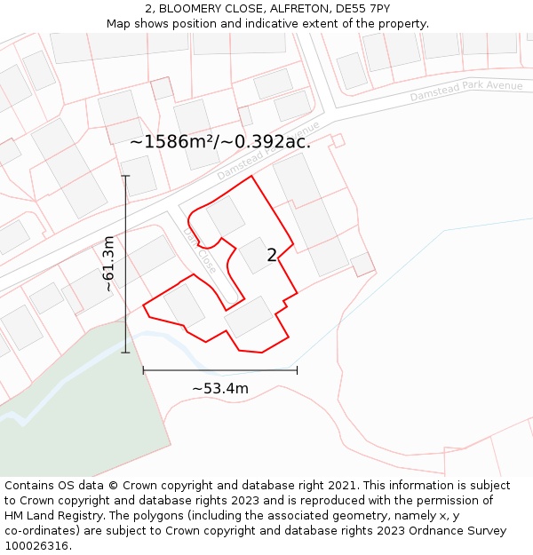 2, BLOOMERY CLOSE, ALFRETON, DE55 7PY: Plot and title map