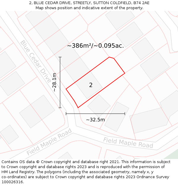 2, BLUE CEDAR DRIVE, STREETLY, SUTTON COLDFIELD, B74 2AE: Plot and title map