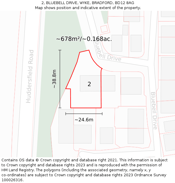 2, BLUEBELL DRIVE, WYKE, BRADFORD, BD12 8AG: Plot and title map