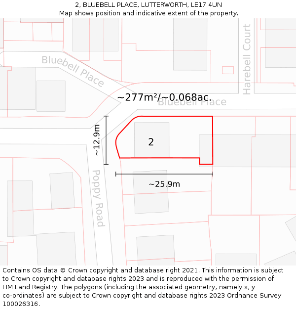 2, BLUEBELL PLACE, LUTTERWORTH, LE17 4UN: Plot and title map