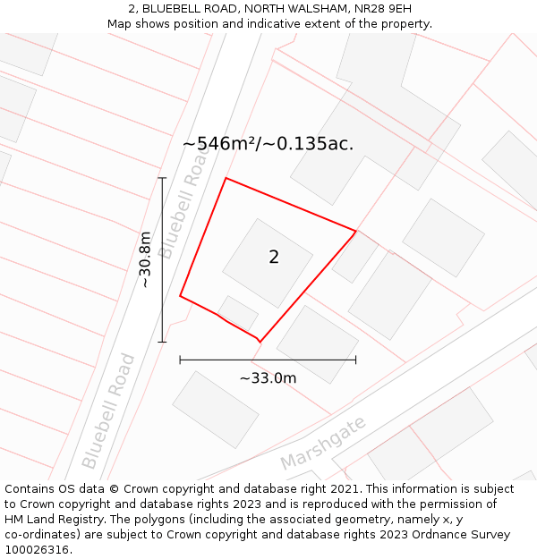 2, BLUEBELL ROAD, NORTH WALSHAM, NR28 9EH: Plot and title map