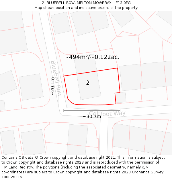 2, BLUEBELL ROW, MELTON MOWBRAY, LE13 0FG: Plot and title map