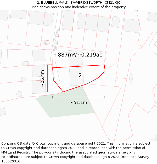 2, BLUEBELL WALK, SAWBRIDGEWORTH, CM21 0JQ: Plot and title map