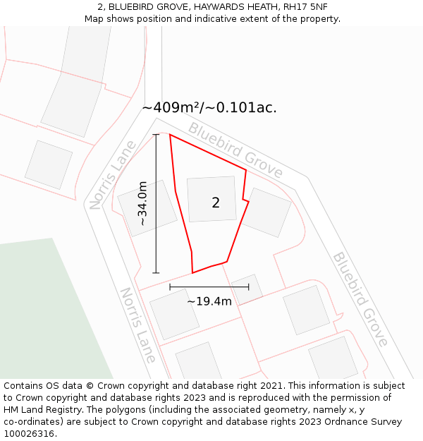 2, BLUEBIRD GROVE, HAYWARDS HEATH, RH17 5NF: Plot and title map