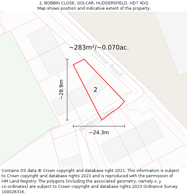 2, BOBBIN CLOSE, GOLCAR, HUDDERSFIELD, HD7 4DQ: Plot and title map