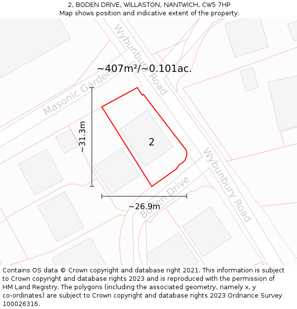 2, BODEN DRIVE, WILLASTON, NANTWICH, CW5 7HP: Plot and title map