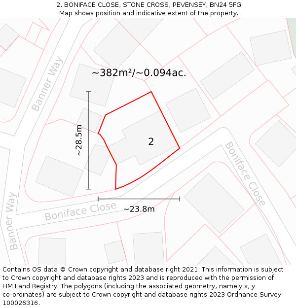 2, BONIFACE CLOSE, STONE CROSS, PEVENSEY, BN24 5FG: Plot and title map