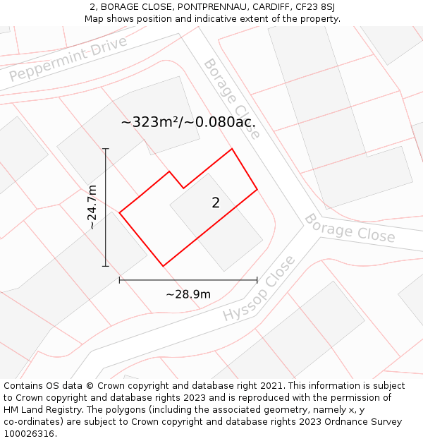 2, BORAGE CLOSE, PONTPRENNAU, CARDIFF, CF23 8SJ: Plot and title map