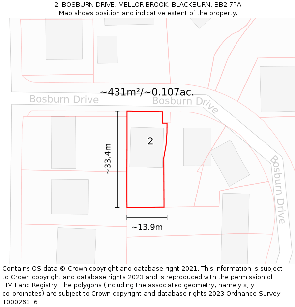 2, BOSBURN DRIVE, MELLOR BROOK, BLACKBURN, BB2 7PA: Plot and title map