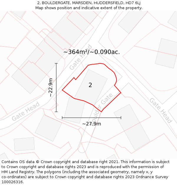 2, BOULDERGATE, MARSDEN, HUDDERSFIELD, HD7 6LJ: Plot and title map