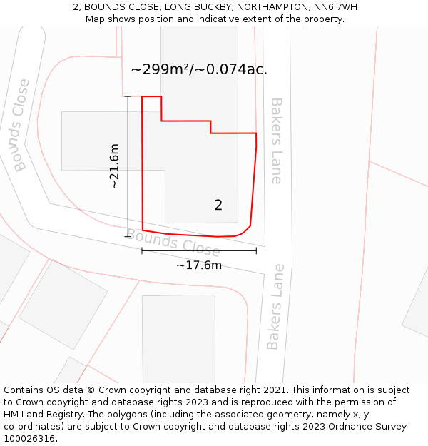 2, BOUNDS CLOSE, LONG BUCKBY, NORTHAMPTON, NN6 7WH: Plot and title map