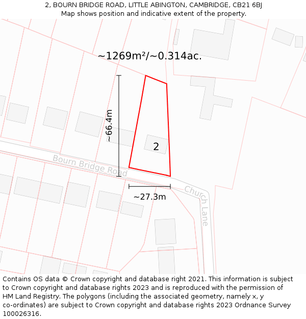 2, BOURN BRIDGE ROAD, LITTLE ABINGTON, CAMBRIDGE, CB21 6BJ: Plot and title map