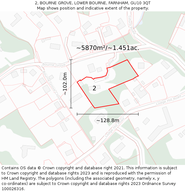 2, BOURNE GROVE, LOWER BOURNE, FARNHAM, GU10 3QT: Plot and title map