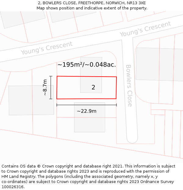 2, BOWLERS CLOSE, FREETHORPE, NORWICH, NR13 3XE: Plot and title map