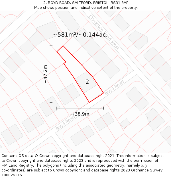 2, BOYD ROAD, SALTFORD, BRISTOL, BS31 3AP: Plot and title map